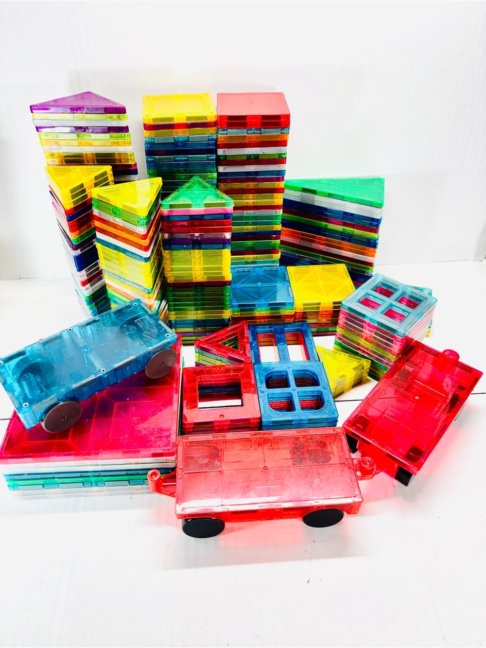 Various 280 Pcs Magnetic Building Tiles Cars Triangles Squares Windows 8lbs